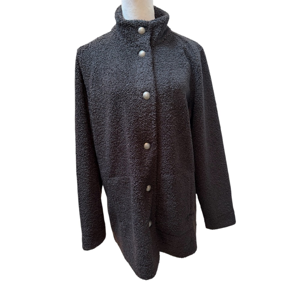 Susan Graver Weekend Sherpa Fleece‎ Jacket Black Mock Neck Button Front Women L